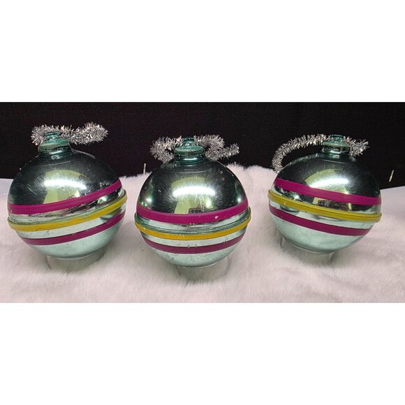 Vintage Mid Century Atomic Bradford Striped Plastic Christmas Ornament Lot of 3 - Picture 1 of 5